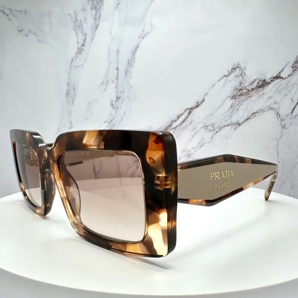 New PRADA Sunglasses Brown Beige Caramel Tortoise Gold Symbole Womens Rectangle